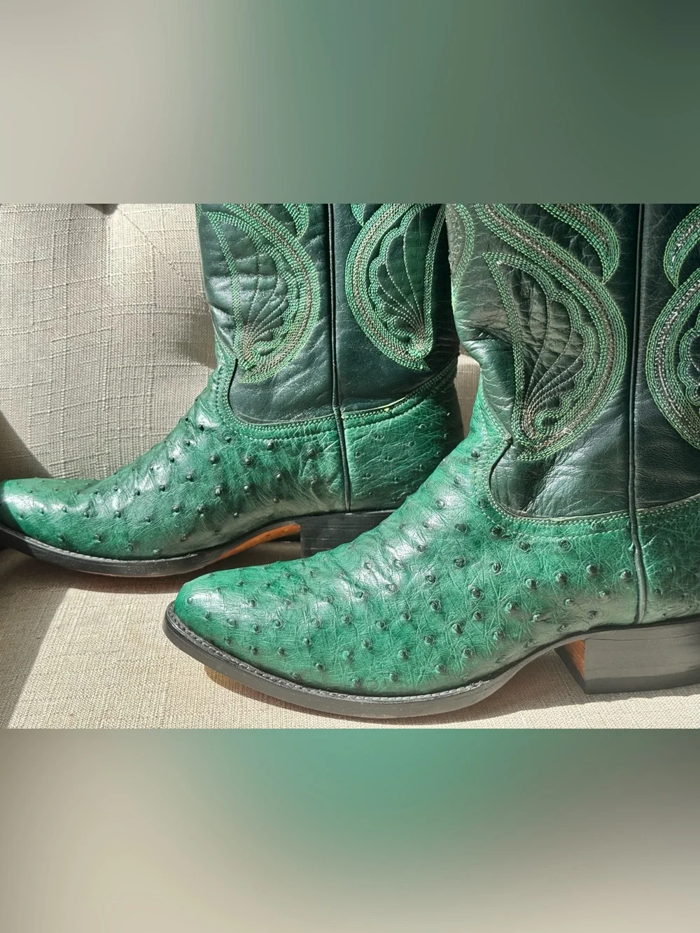 Cuadra Men’s Green Full Quill Ostrich Western Cowboy Boots Size 8 Leather Sole
